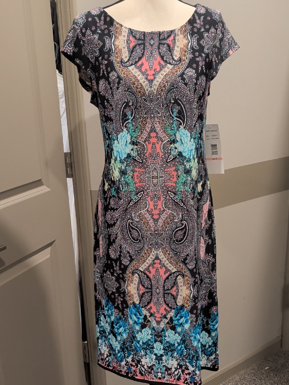 karin stevens Black Midi Dress with Coral and Teal Floral Paisley